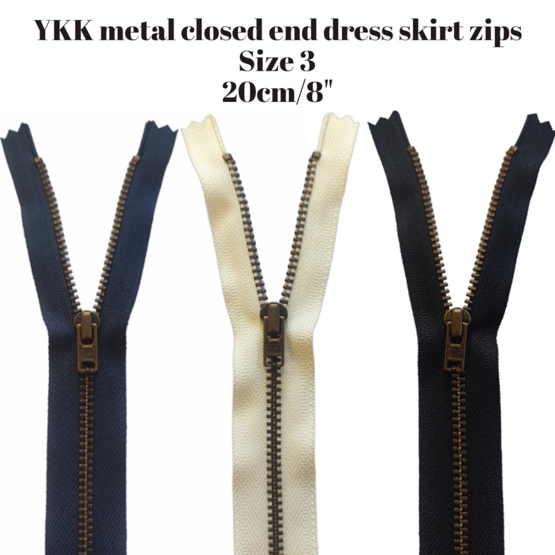 YKK Closed End Metal Zip – 8″ / 20cm – Size 3 Dress + Skirt Zip – Antique Brass Black