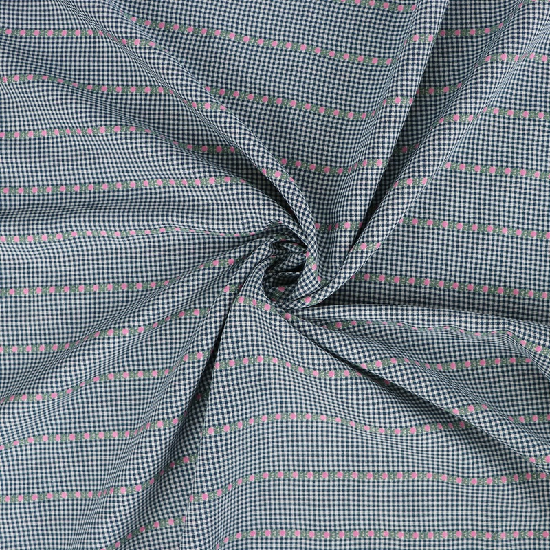 Yarn Dyed Cotton – Blue Gingham With Pink Flower Ribbon