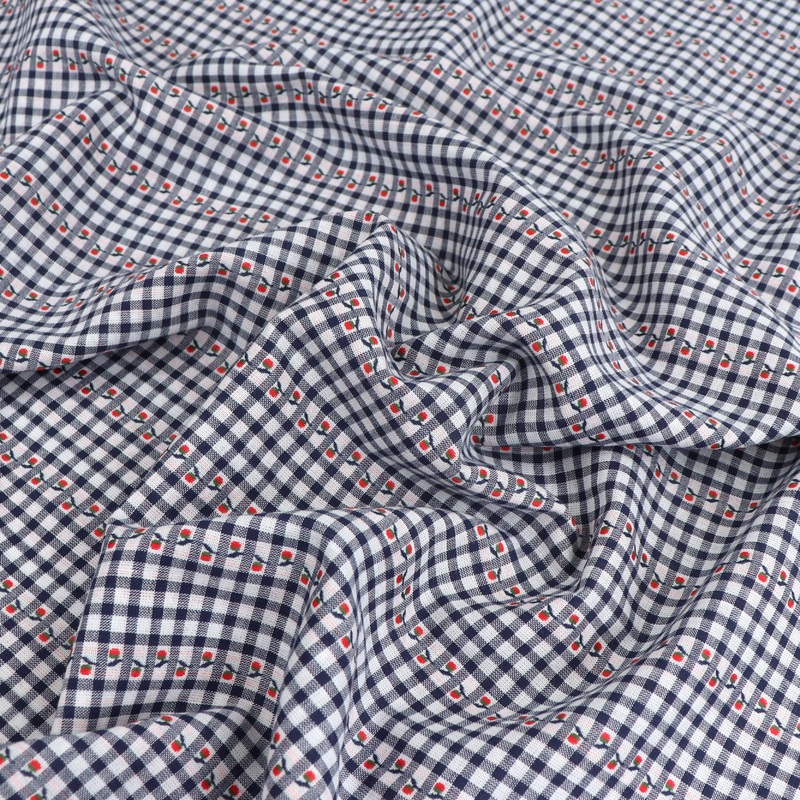 Yarn Dyed Cotton – Navy Gingham With Red Flower Ribbon