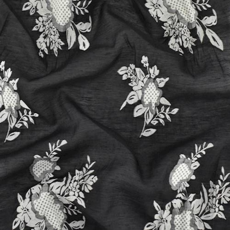 1 3/4 YD PC-Black/White Novelty Floral Jacquard Woven Fabric