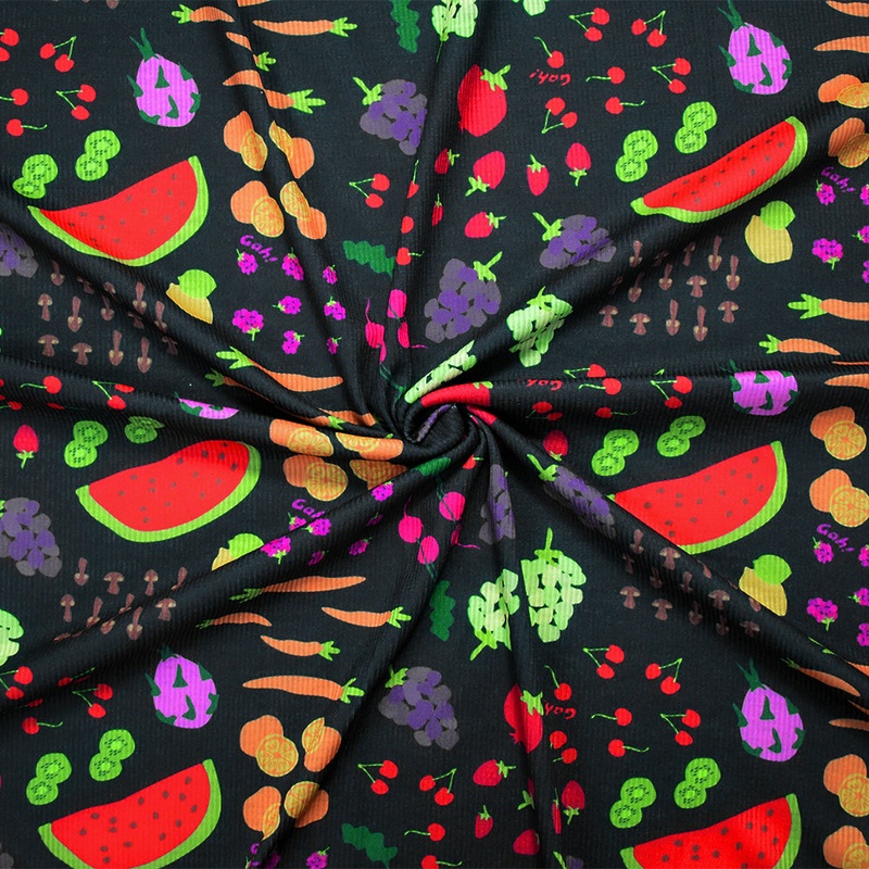 Black-Multi Poly Fruit and Veg Printed Stretch Spandex 2×2 Rib Knit Fabric