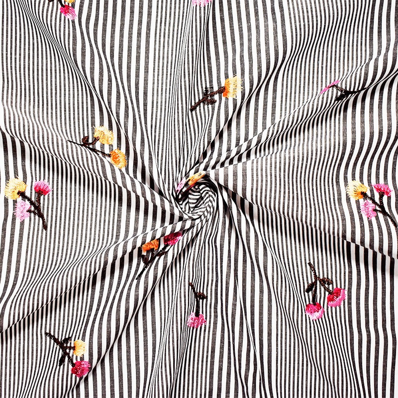 Black-Multi Poly Vertical Stripe Floral Embroidered Woven Fabric