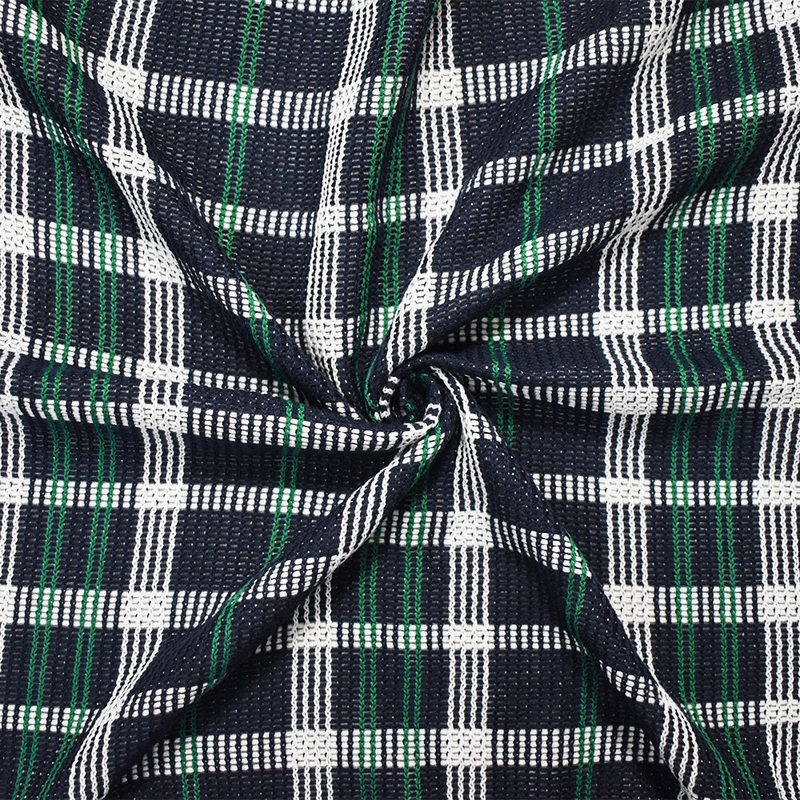 Deep Navy-Green-White Cotton Plaid Texture Knit Fabric