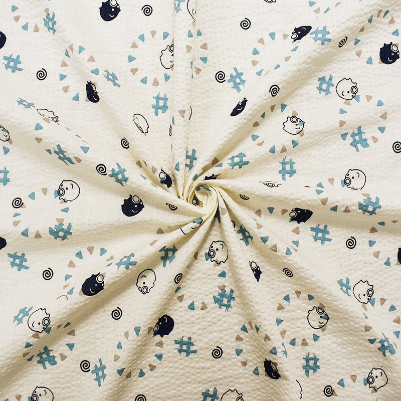 Ivory-Navy-Multi Japanese Cotton Abstract Pig Printed Plisse Woven Fabric