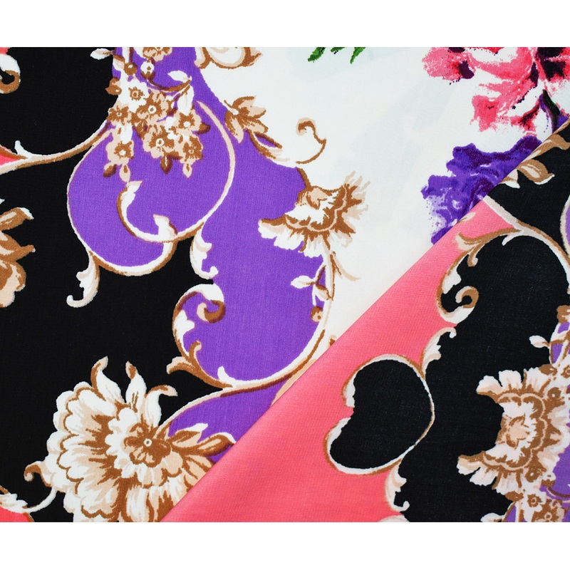 Purple-Multi Poly Floral Multi-Pattern Border Printed Faille Woven Fabric