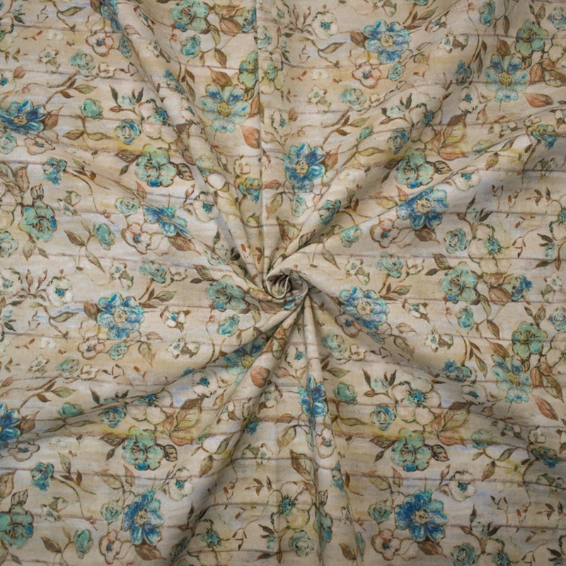 1 1/4 YD PC-Teal-Ivory-Multi Cotton Susan Winget Floral Wood Printed Quilting Woven Fabric