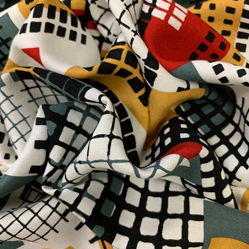 1 7/8 YD PC-Gold and Black Abstract Print Rayon Challis Fabric