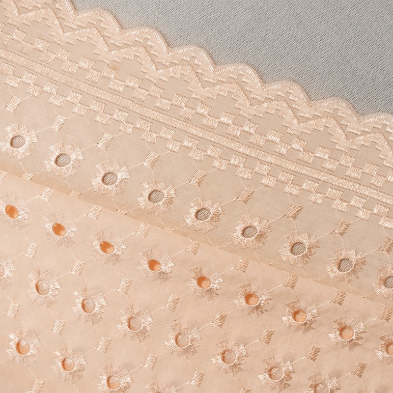 Beige Poly-Cotton Embroidered Abstract Pixel Eyelet Scallop Woven Fabric