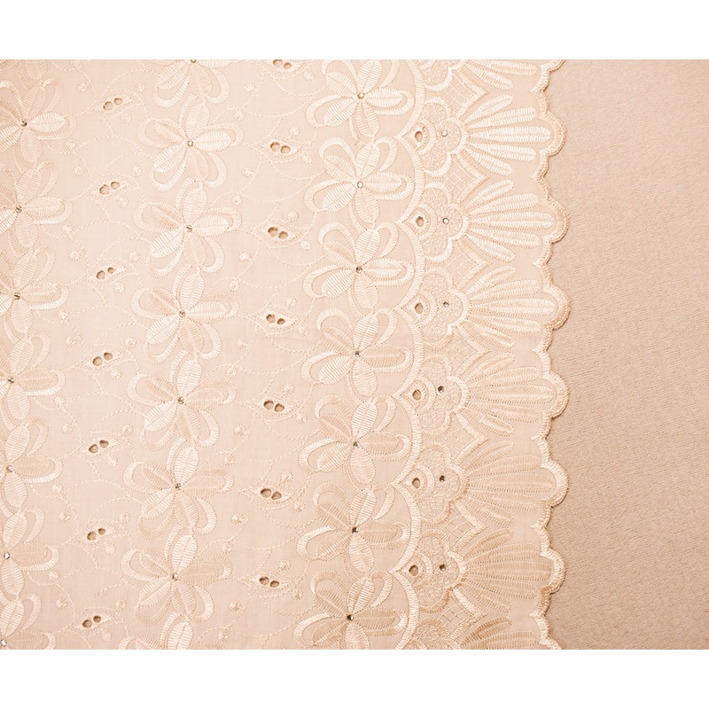 Beige Poly-Cotton Embroidered Floral Scallop Rhinestone Woven Fabric