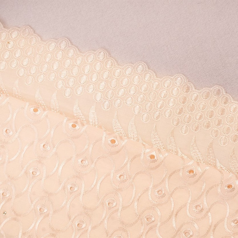 Beige Poly-Cotton Embroidery Eyelet Floral Scallop Rhinestone Woven Fabric