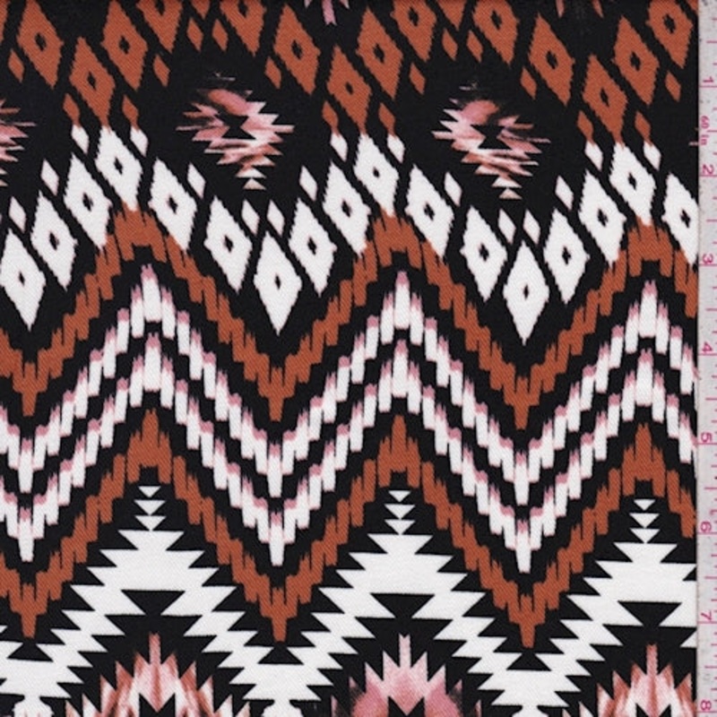 1 3/4 YD PC-Black/Pumpkin/White Aztec Chevron Challis Fabric