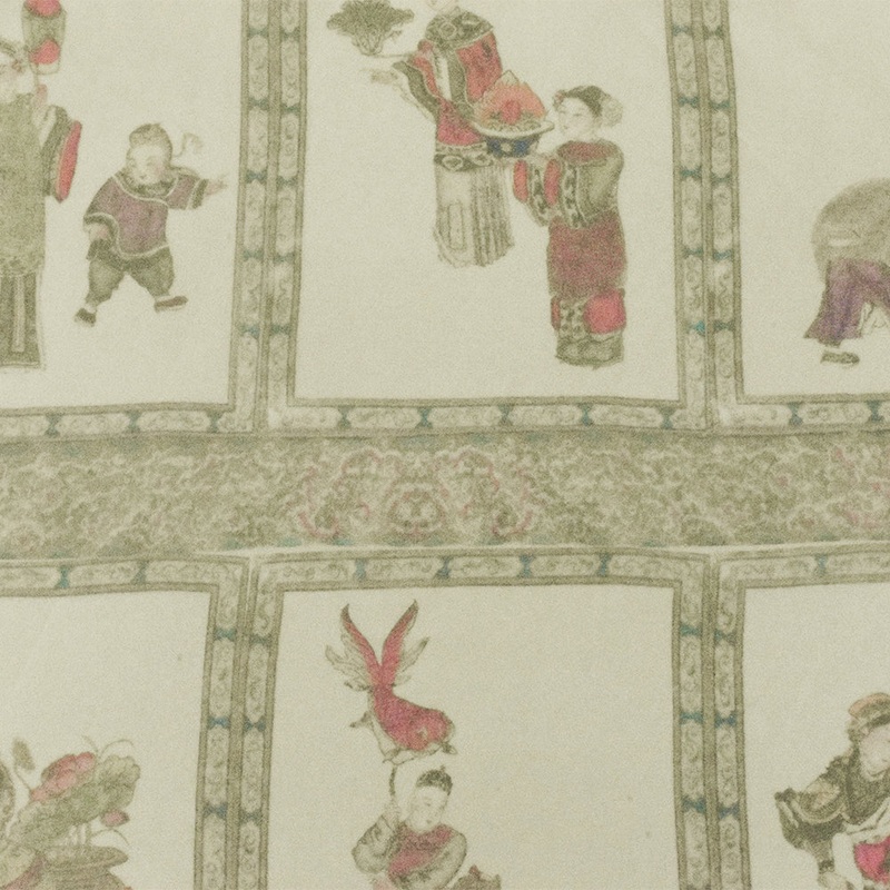 1 1/2 YD PC-Ivory-Green-Multi Asian Figure Printed Silk Momie Crepe Woven Fabric