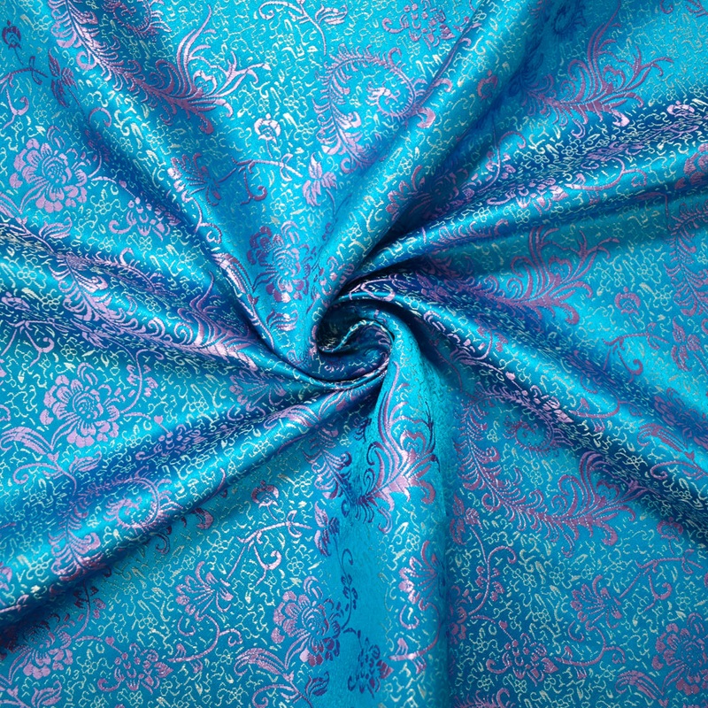 Aqua Blue-Purple-Multi Polyester Floral Vine Chinese Brocade Woven Fabric