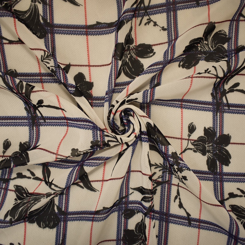 Beige-Black-Multi Poly Plaid Floral Printed Chiffon Woven Fabric
