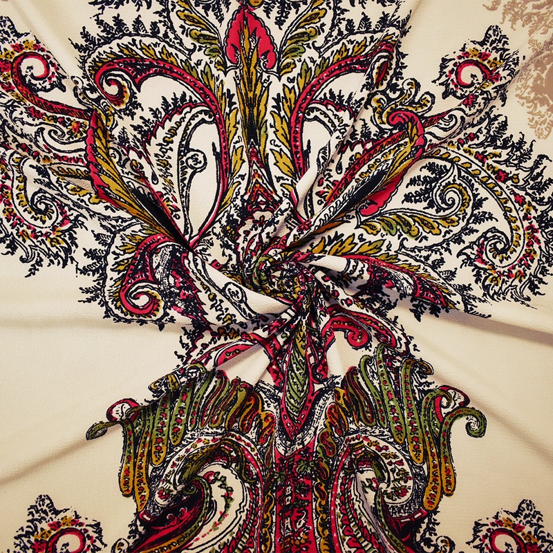 Beige-Red-Multi Poly Paisley Border Printed Pebble Crepe Woven Fabric