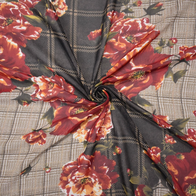 Beige-Red-Multi Poly Plaid Floral Printed Chiffon Woven Fabric