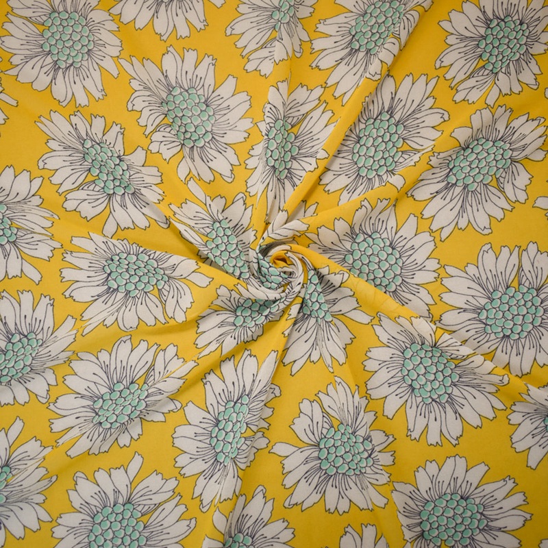 Yellow-White-Multi Poly Floral Printed Georgette Woven Fabric