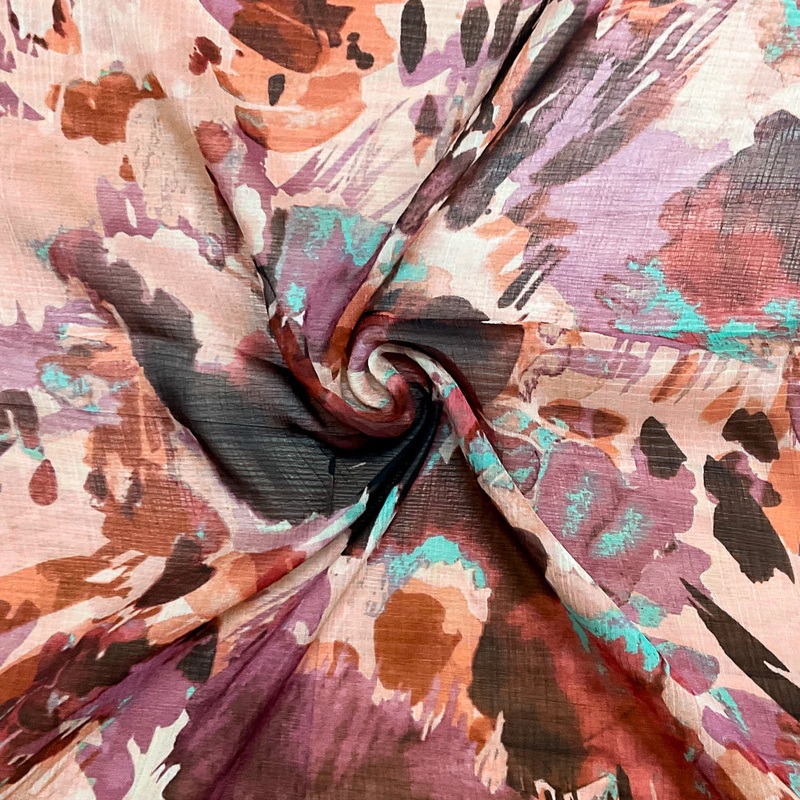 Beige-Purple-Multi Poly Ink Floral Printed Crinkle Yoryu Chiffon Woven Fabric