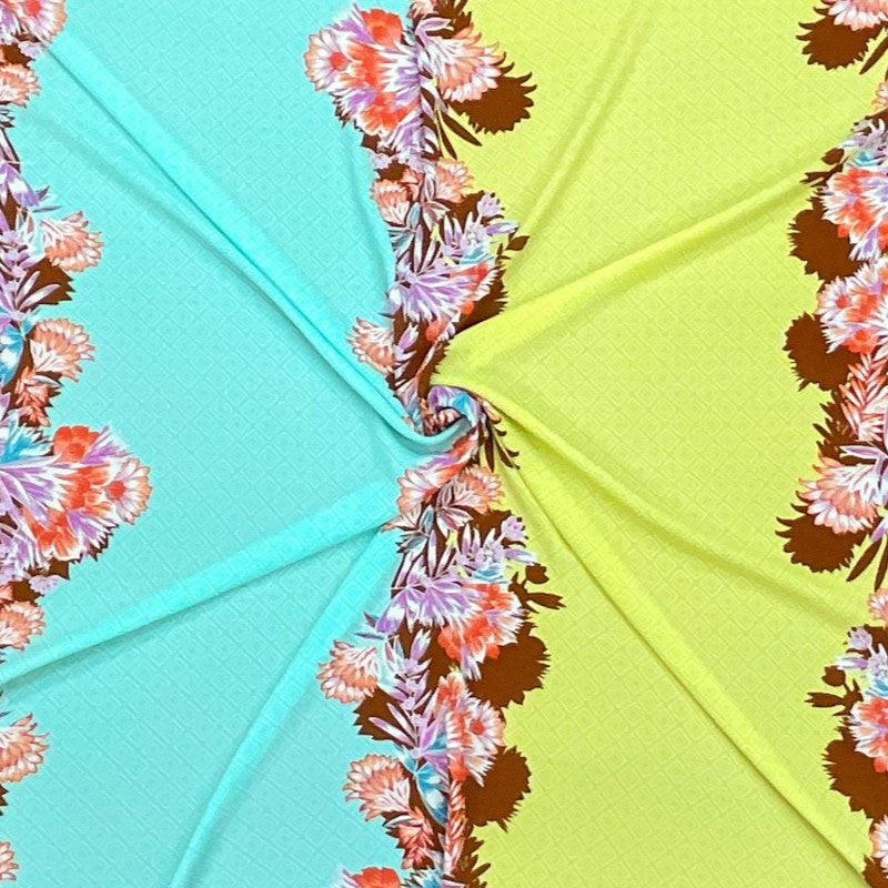 Yellow-Multi Poly Floral Diamond Border Printed Pebble Crepe Woven Fabric