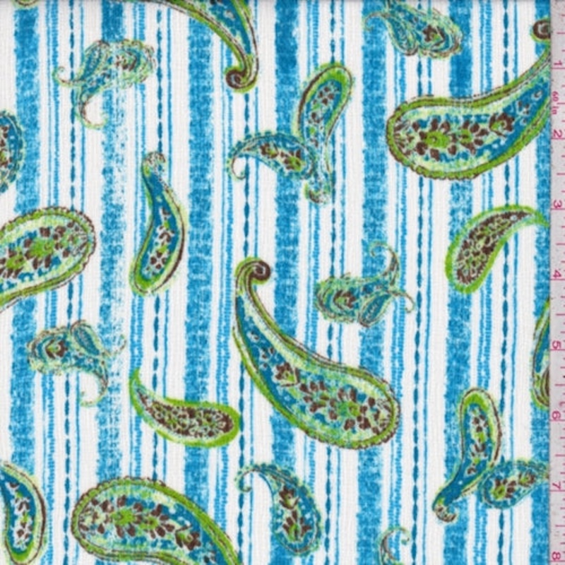 White/Aqua/Lime Paisley/Stripe Crinkled Crepe Fabric