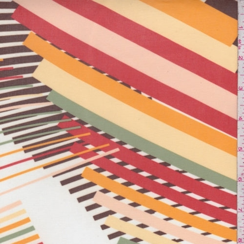 White/Brown Multi Abstract Stripe Power Mesh Fabric