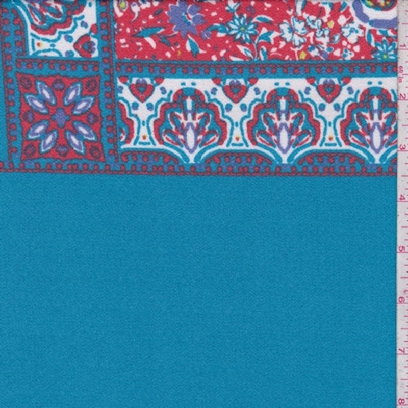 Aqua/Brick/White Multi Deco Tile Techno Crepe Knit Fabric