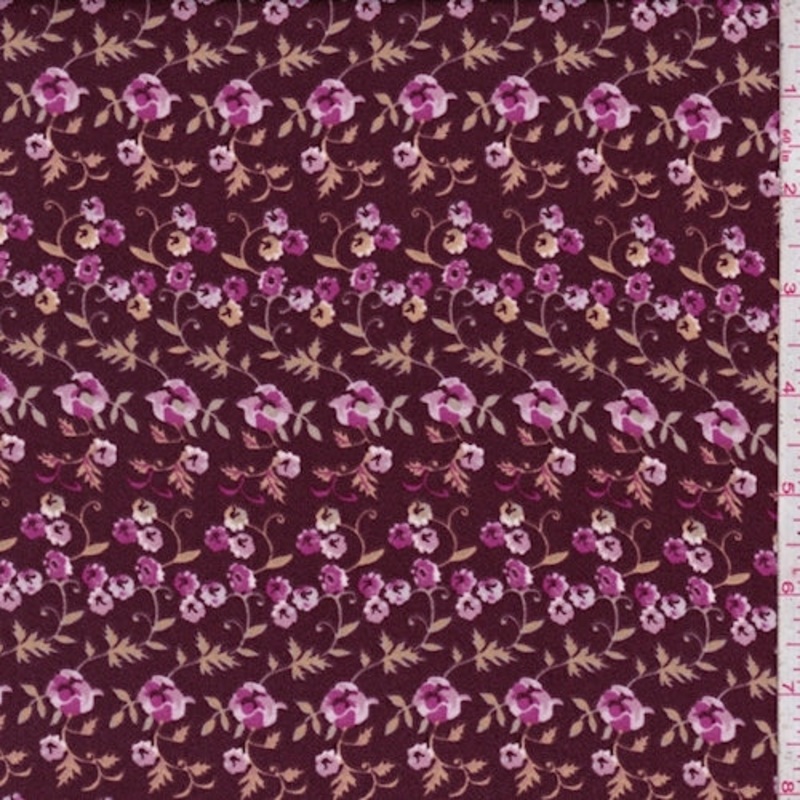 Wine/Fuchsia/Tan Floral Vine Crepe Fabric