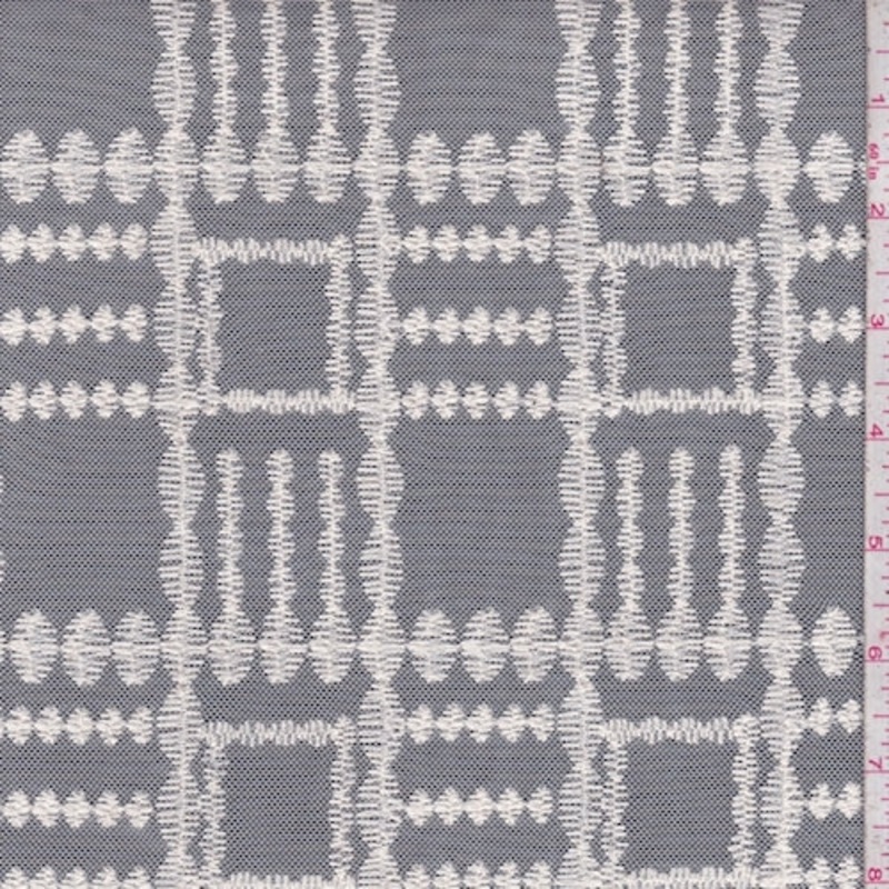 Antique Cream Embroidered Deco Check Mesh Fabric