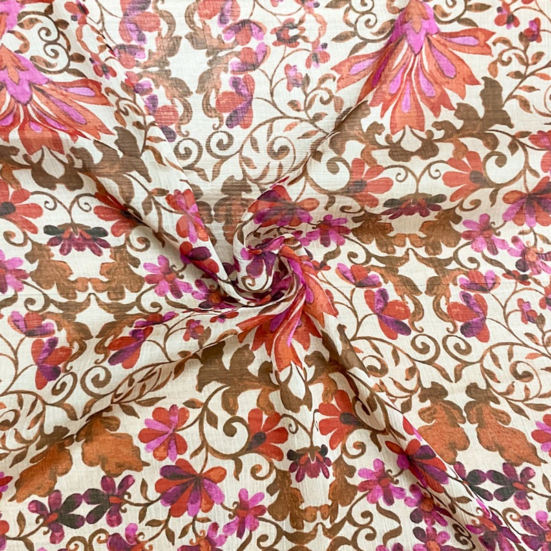 Beige-Red-Multi Poly Floral Printed Crinkle Yoryu Chiffon Woven Fabric