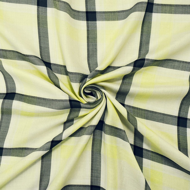 White-Yellow-Black Rayon Famous Maker Plaid Twill Woven Fabric