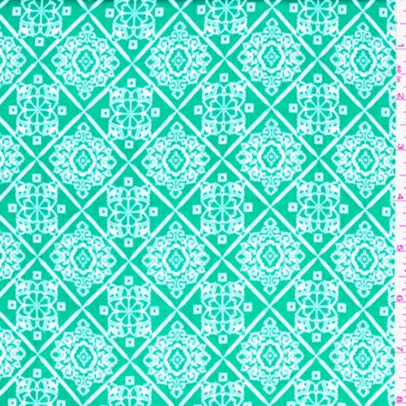Aquamarine/White Medallion Diamond Rayon Crepe Fabric
