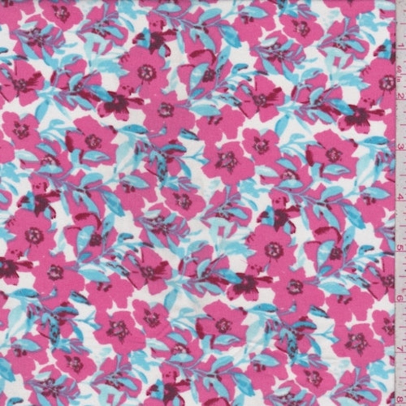 White/Hot Pink Floral Sanded Crepe Fabric