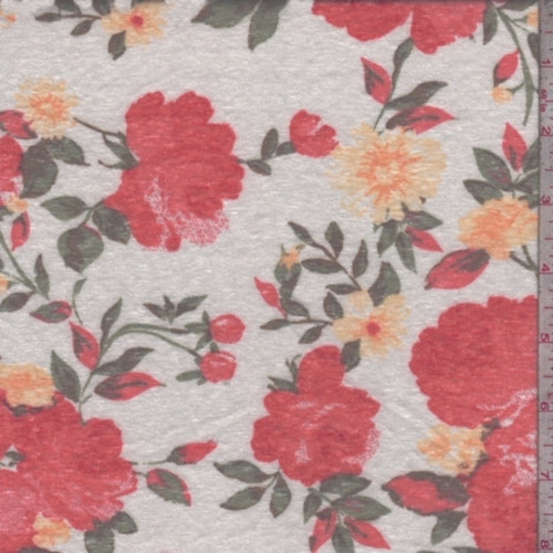 White/Coral Rose Slub Jersey Knit Fabric