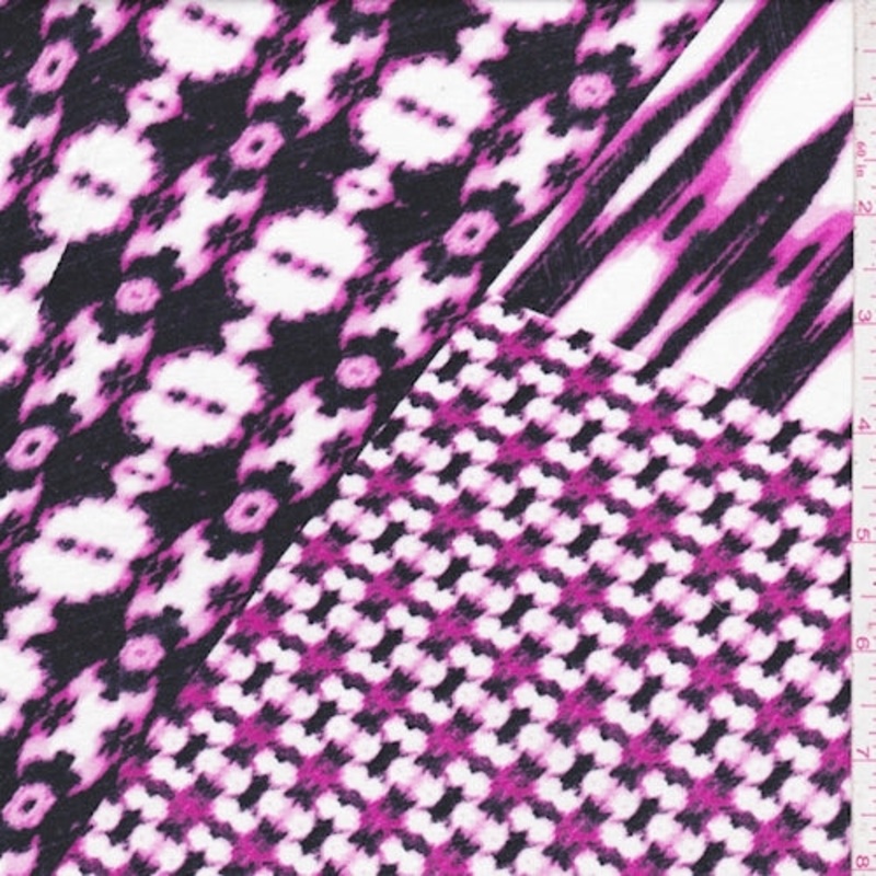 White/Fuchsia/Black Deco Patch Rayon Jersey Knit Fabric
