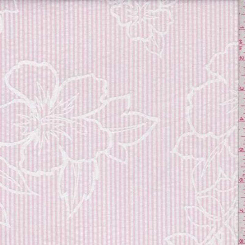 White/Pale Pink Stripe Floral Seersucker Fabric