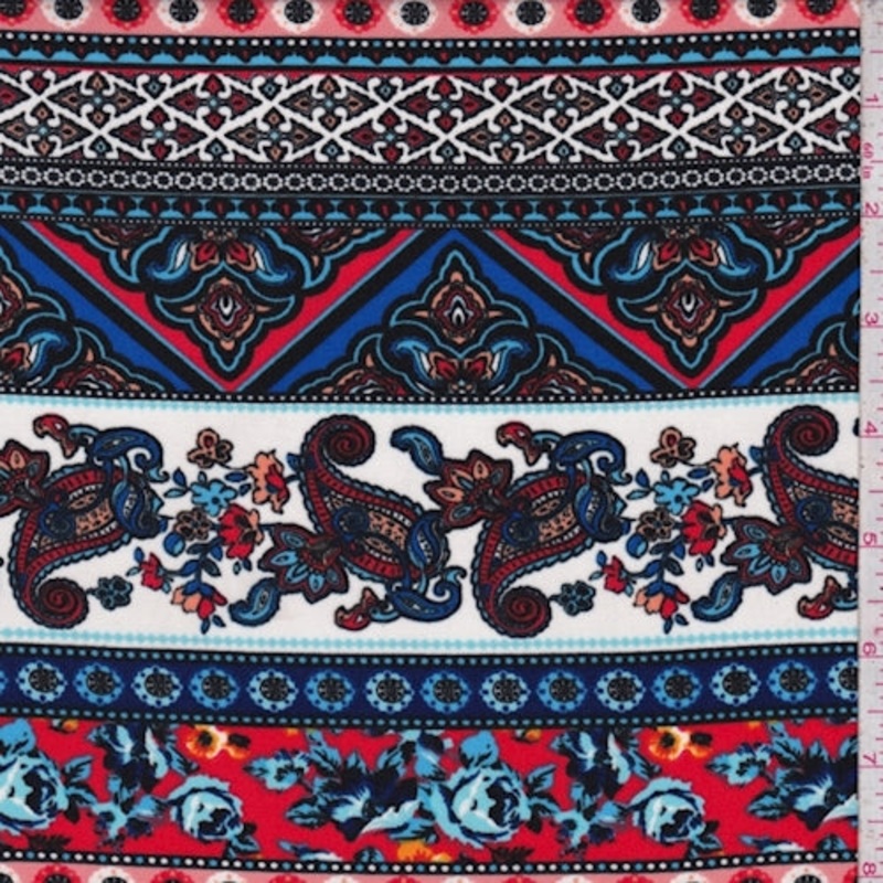 White/Red/Blue Deco Stripe Crepe De Chine Fabric