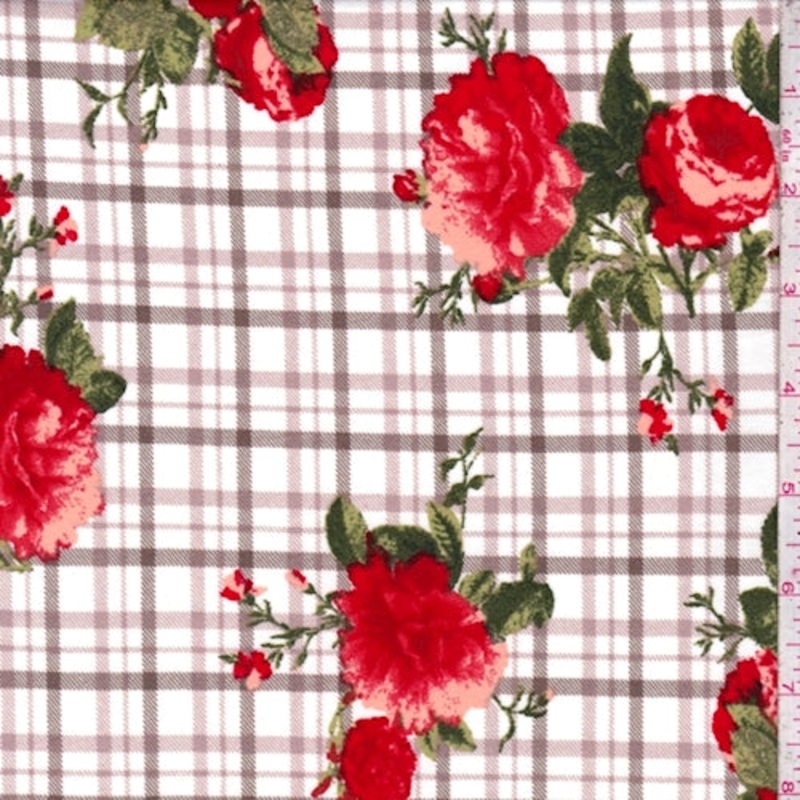White/Red Plaid Floral Double Brushed Jersey Knit Fabric