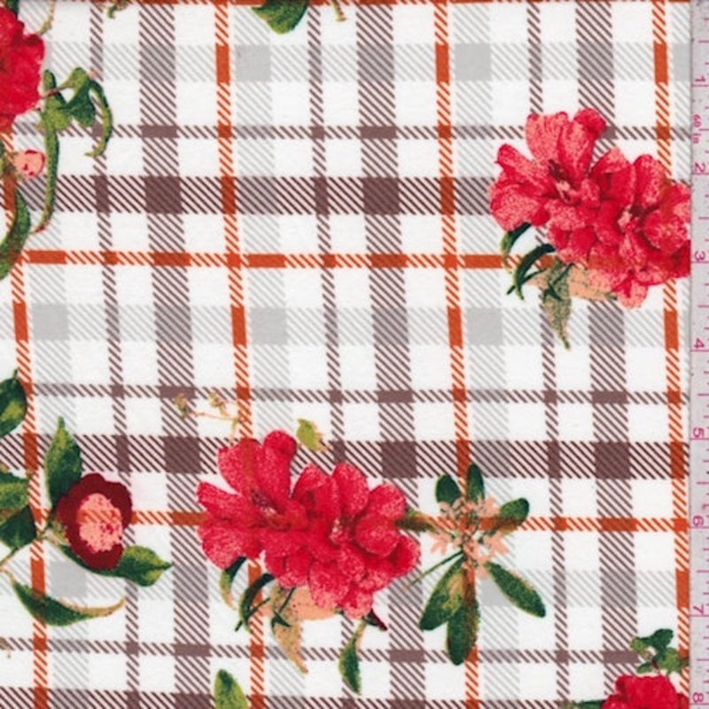 White/Salmon Plaid Floral Double Brushed Jersey Knit Fabric