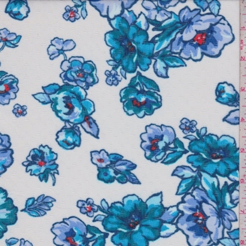 White/Teal Dogwood Floral Chiffon Fabric