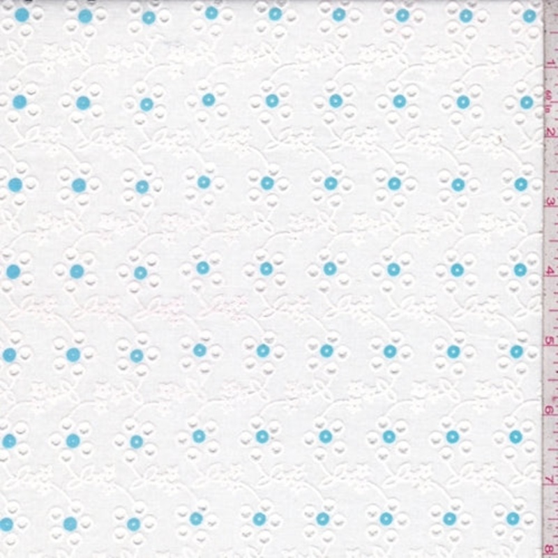 White/Turquoise Floral Eyelet Fabric