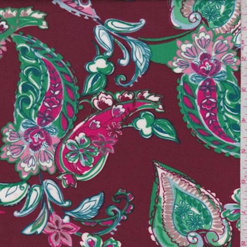Wine/Kelly/Pink Paisley Double Brushed Jersey Knit Fabric
