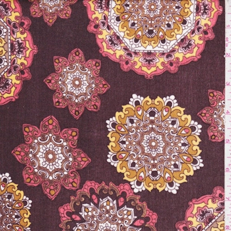 Wine/Ochre/Salmon Mandala Crinkled Gauze Fabric