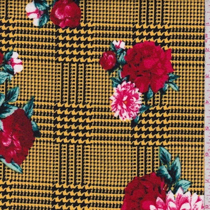 Yellow/Red Glen Plaid Floral Double Brushed Jersey Knit Fabric