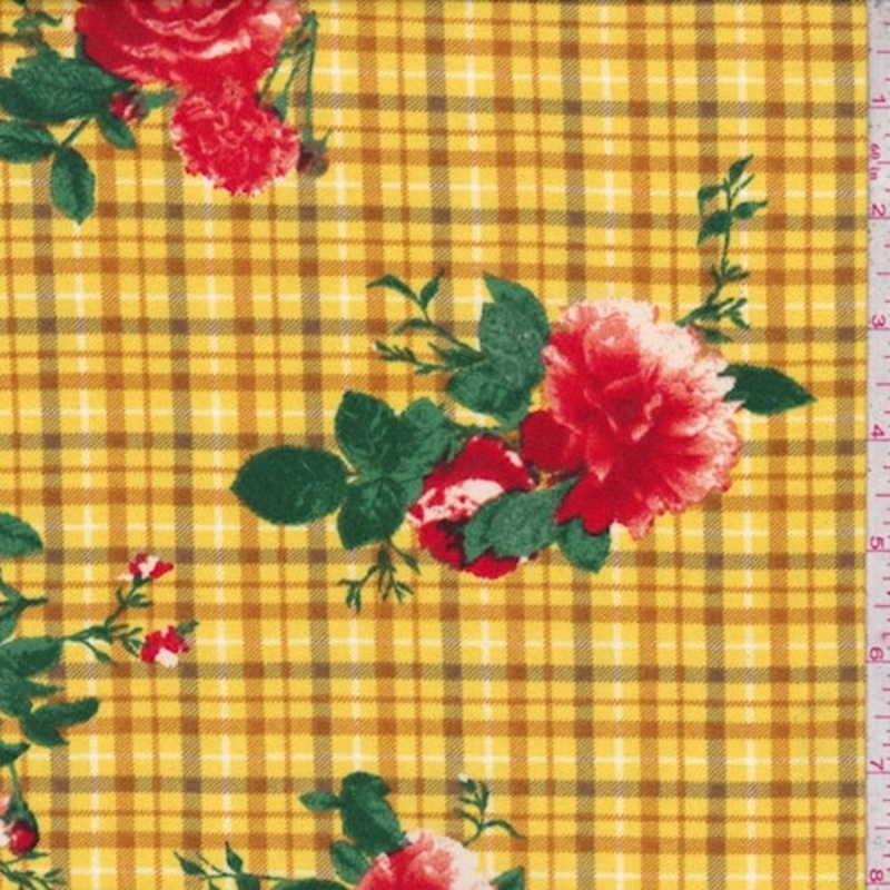 Yellow/Red Plaid Floral Double Brushed Jersey Knit Fabric