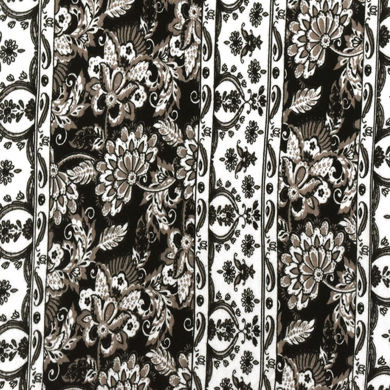 White-Taupe-Black Striped Floral Printed Rayon Stretch Jersey Knit Fabric