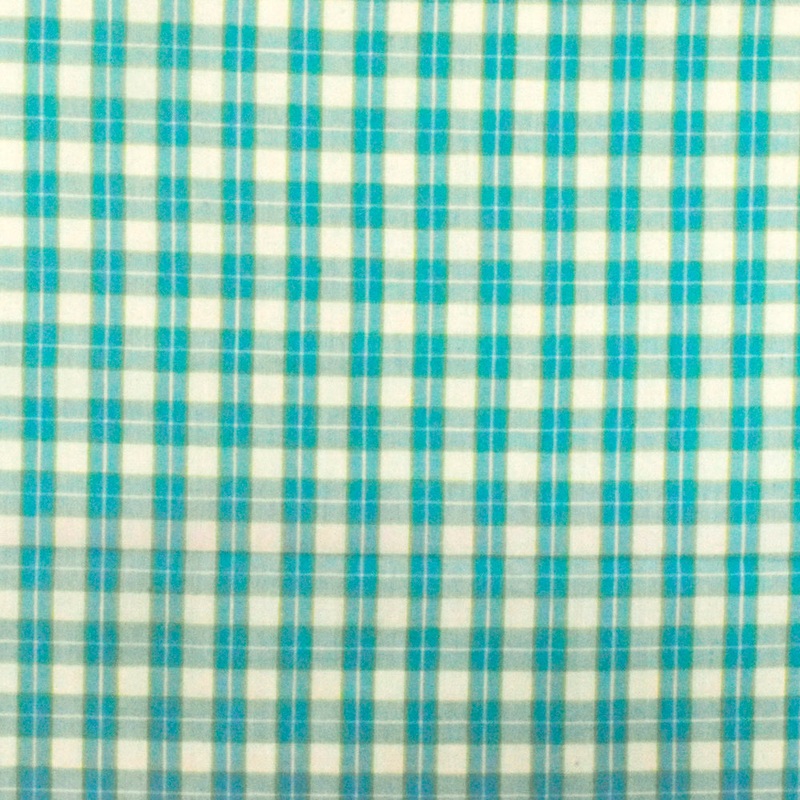 Aqua Teal-White-Green Plaid Cotton Polyester Madras Woven Fabric