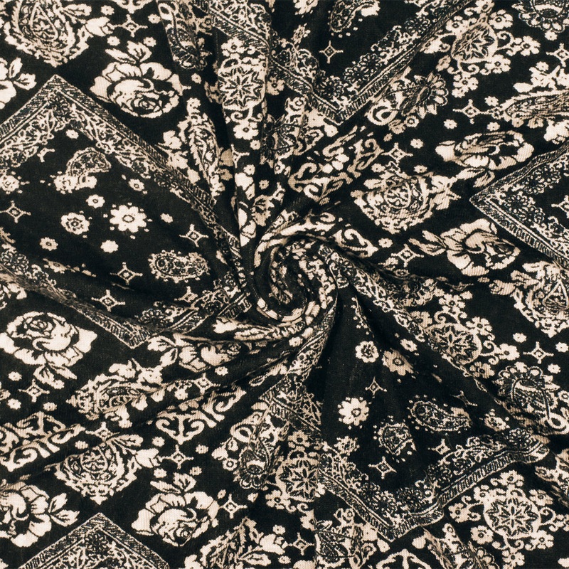 Beige-Black Multi Pattern Printed Stretch Rayon Spandex Brushed Jersey Knit Fabric