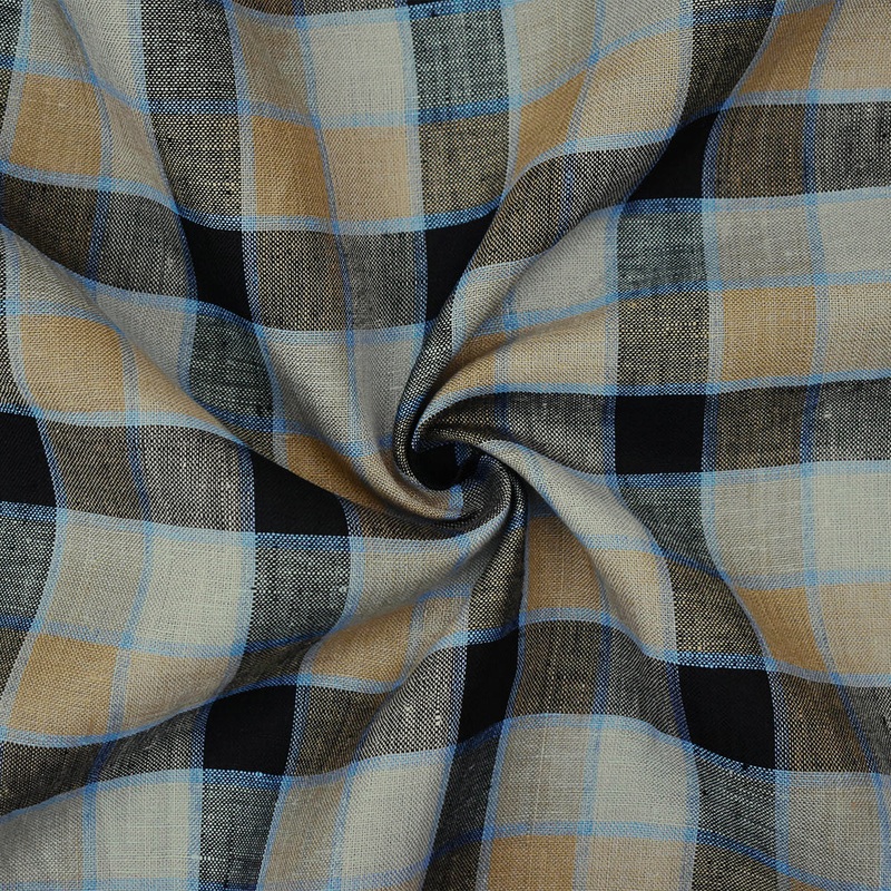 Beige-Black-Blue Check Linen Woven Fabric