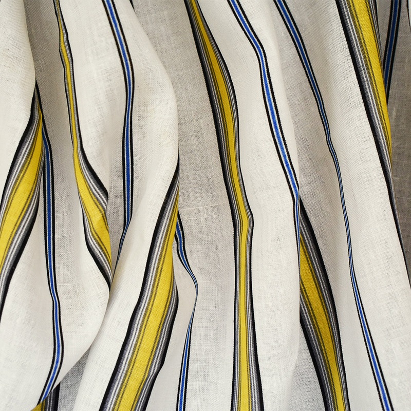 White-Yellow-Blue Stripe Printed Linen Woven Fabric