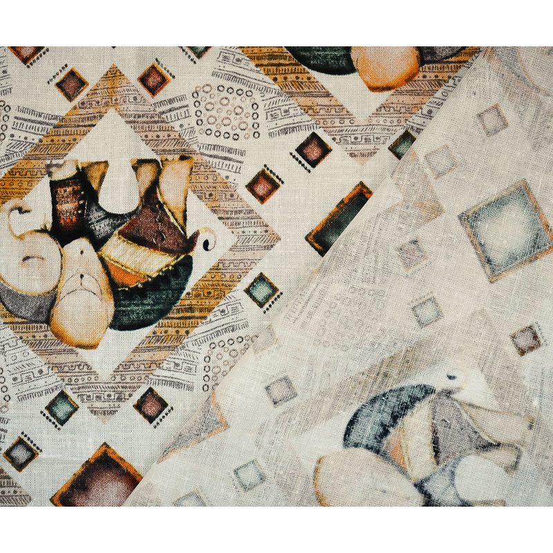 White-Yellow-Multi Elephant Diamond Pattern Printed Linen Woven Fabric